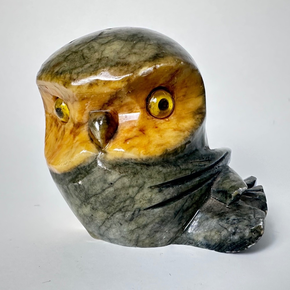 Vintage Italian Alabaster Owl Figurine Glass Eyes Hand Carved Stone Italy